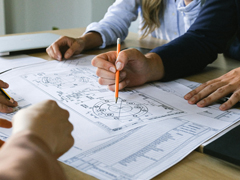 four people discussing architectural plans